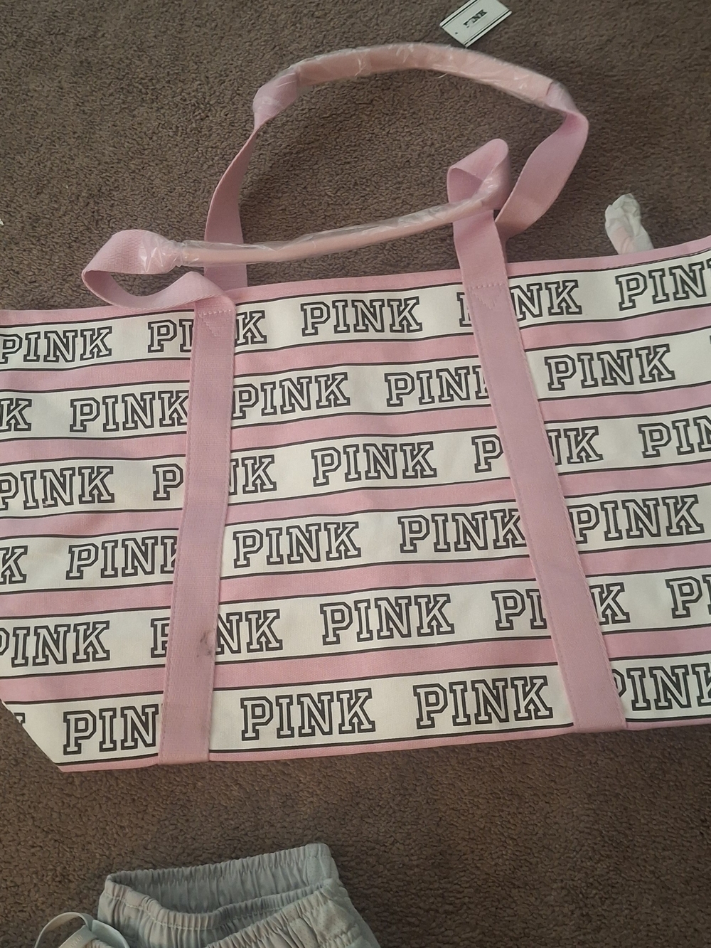 PINK Victoria's Secret Pink and White Logo Stripe Tote